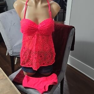 Pink Lace Halter Bikini with Sweetheart Neckline